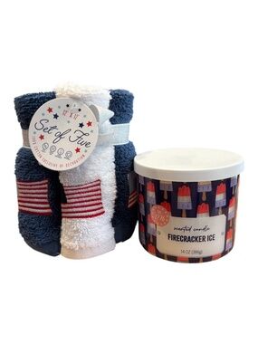 FIRECRACKER ICE  3 wick candle & FIVE PATRIOTIC WASH CLOTHS